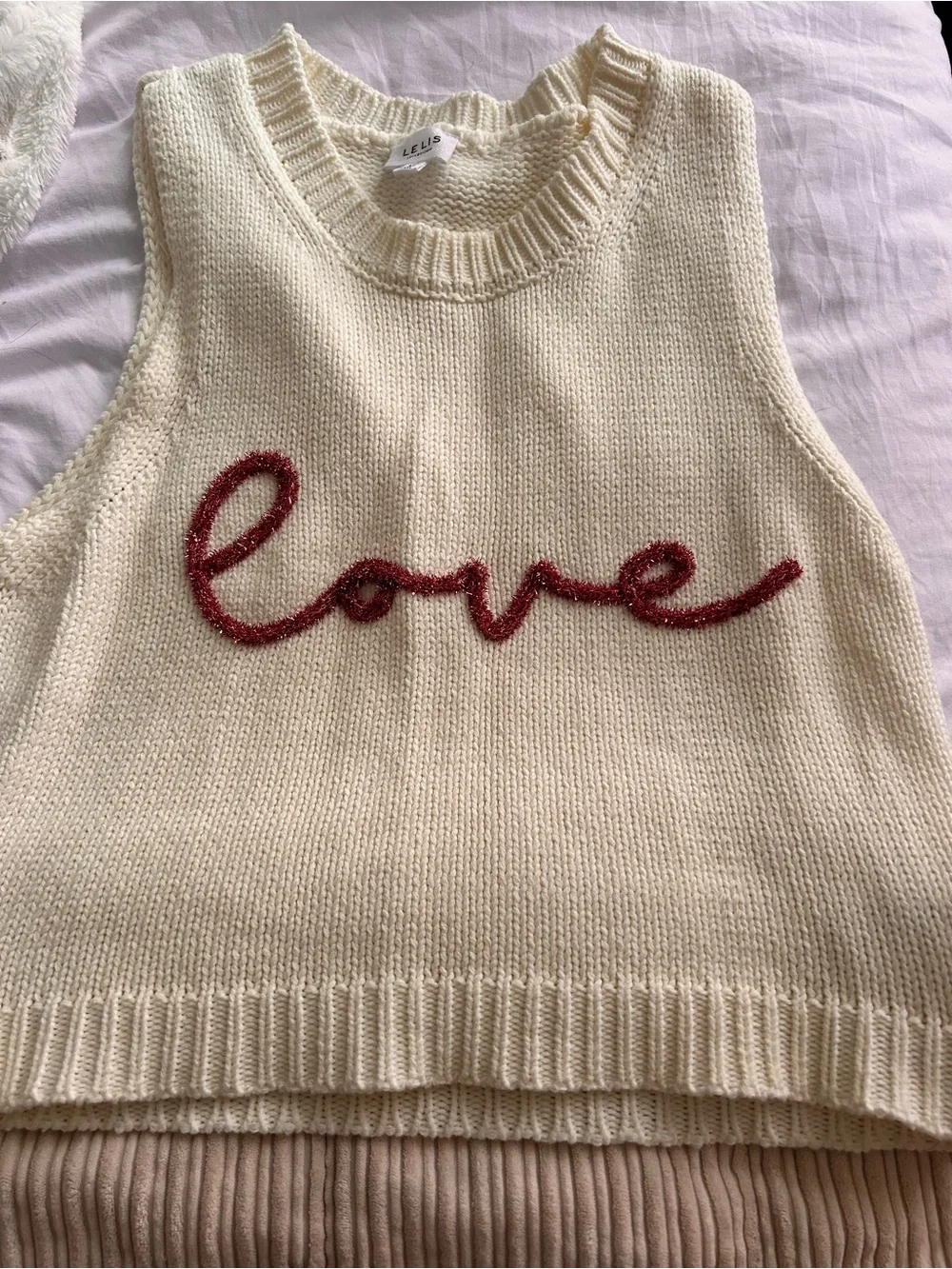 Le Lis Cream Knit Sleeveless V-Neck Sweater with Red 'Love' Script